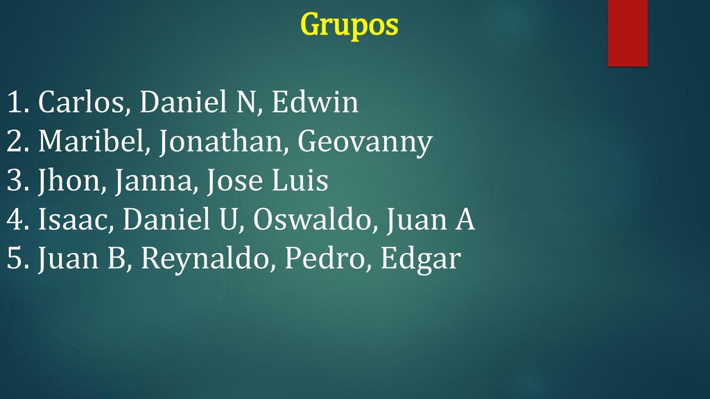 Grupos 1. Carlos, Daniel N, Edwin. 2. Maribel, Jonathan, Geovanny. 3. Jhon, Janna, Jose Luis. 4. Isaac, Daniel U, Oswaldo, Juan A.