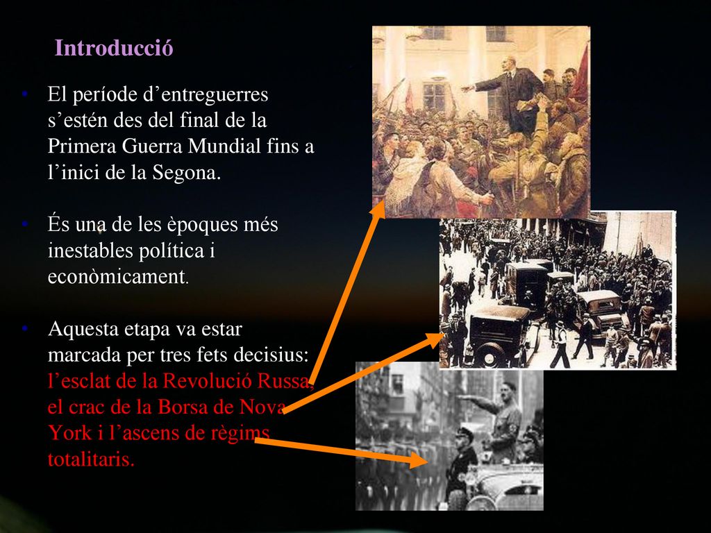 Introducció El període d’entreguerres s’estén des del final de la Primera Guerra Mundial fins a l’inici de la Segona.