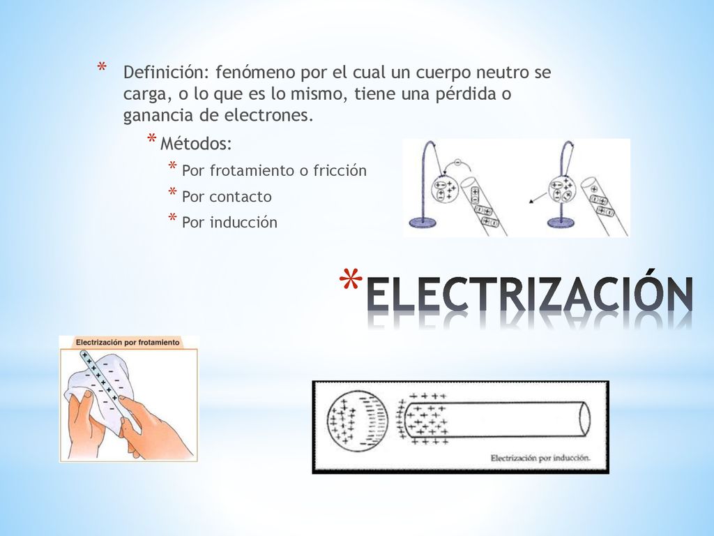 Definición: fenómeno por el cual un cuerpo neutro se carga, o lo que es lo mismo, tiene una pérdida o ganancia de electrones.