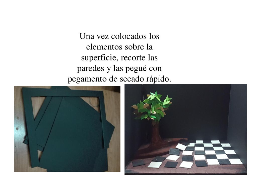 Una vez colocados los elementos sobre la superficie, recorte las paredes y las pegué con pegamento de secado rápido.
