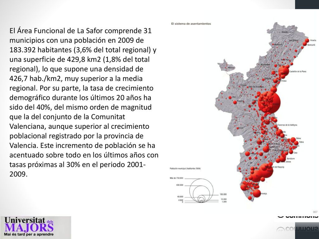 El Área Funcional de La Safor comprende 31 municipios con una población en 2009 de habitantes (3,6% del total regional) y una superficie de 429,8 km2 (1,8% del total regional), lo que supone una densidad de 426,7 hab./km2, muy superior a la media regional.