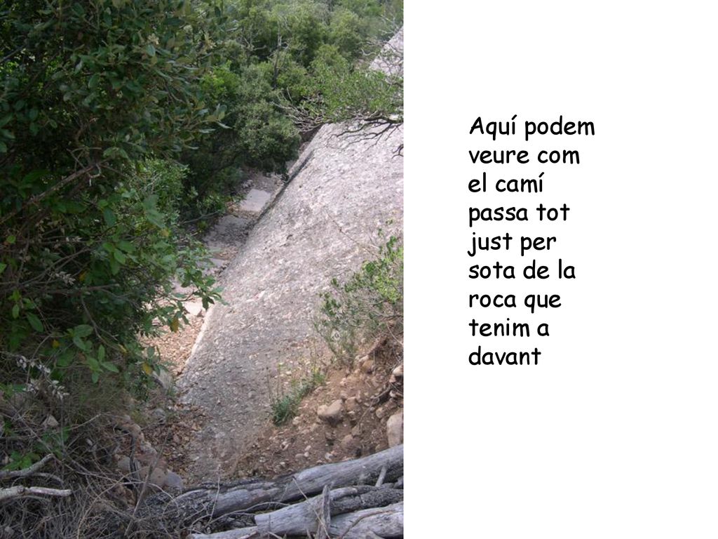 Aquí podem veure com el camí passa tot just per sota de la roca que tenim a davant