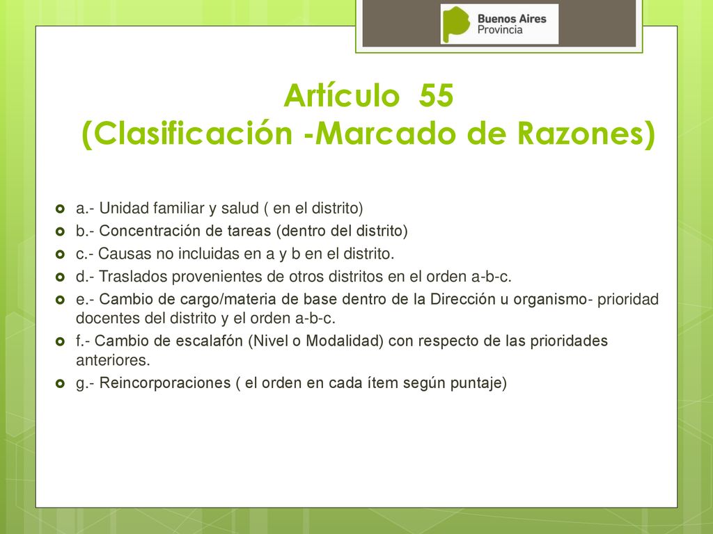 Artículo 55 (Clasificación -Marcado de Razones)