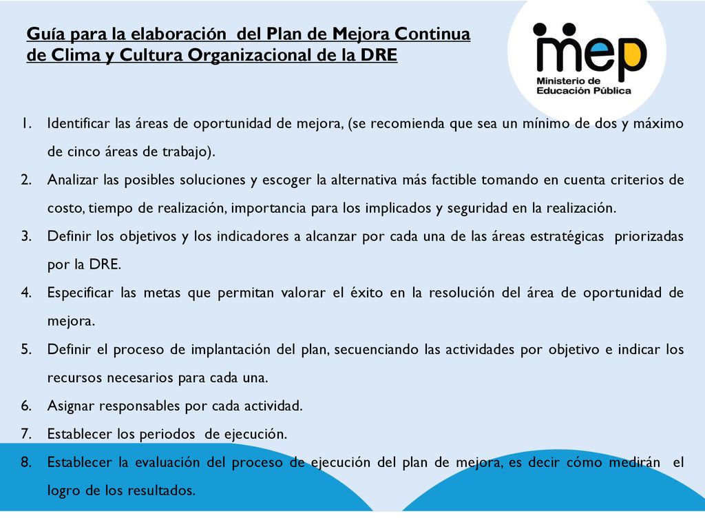 Guía para la elaboración del Plan de Mejora Continua de Clima y Cultura Organizacional de la DRE