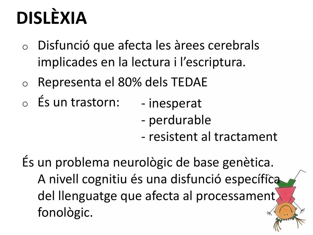 DISLÈXIA Disfunció que afecta les àrees cerebrals implicades en la lectura i l’escriptura. Representa el 80% dels TEDAE.