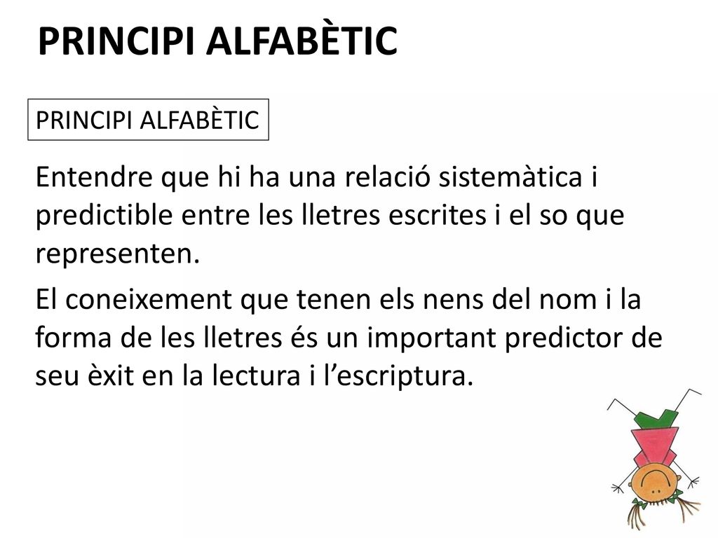 PRINCIPI ALFABÈTIC PRINCIPI ALFABÈTIC. Entendre que hi ha una relació sistemàtica i predictible entre les lletres escrites i el so que representen.