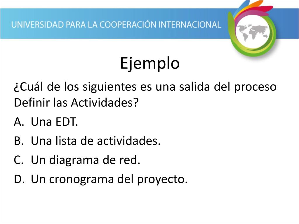 Ejemplo ¿Cuál de los siguientes es una salida del proceso Definir las Actividades Una EDT. Una lista de actividades.