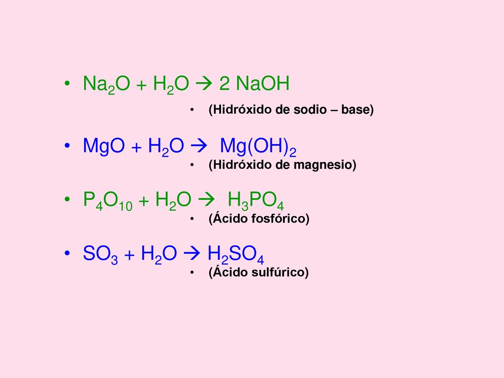 Na2O + H2O  2 NaOH MgO + H2O  Mg(OH)2 P4O10 + H2O  H3PO4