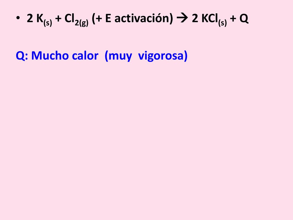 2 K(s) + Cl2(g) (+ E activación)  2 KCl(s) + Q