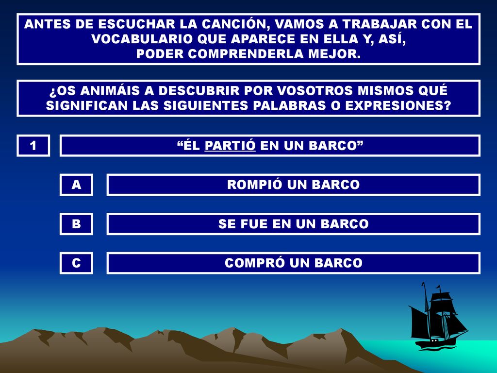 ANTES DE ESCUCHAR LA CANCIÓN, VAMOS A TRABAJAR CON EL VOCABULARIO QUE APARECE EN ELLA Y, ASÍ, PODER COMPRENDERLA MEJOR.