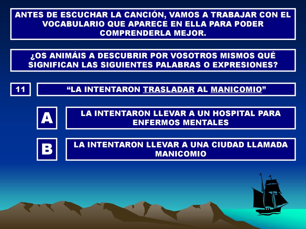 ANTES DE ESCUCHAR LA CANCIÓN, VAMOS A TRABAJAR CON EL VOCABULARIO QUE APARECE EN ELLA PARA PODER COMPRENDERLA MEJOR.