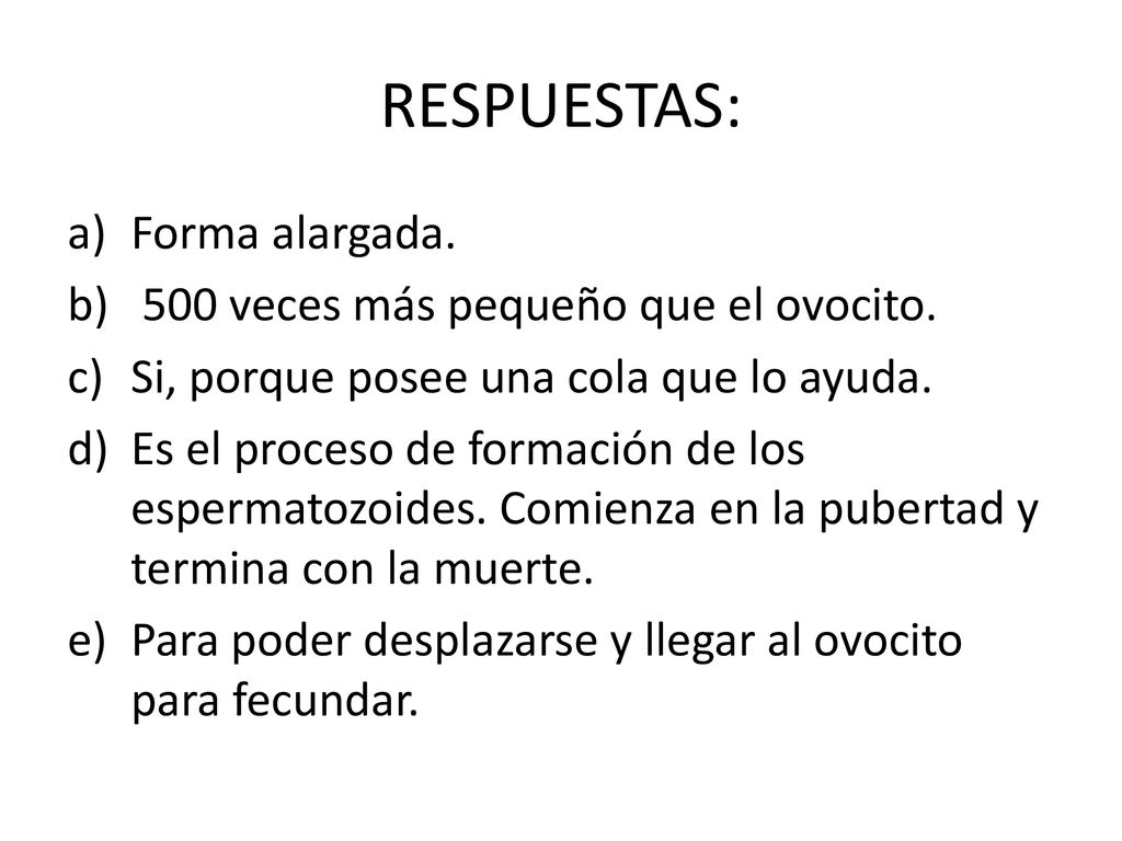 RESPUESTAS: Forma alargada. 500 veces más pequeño que el ovocito.