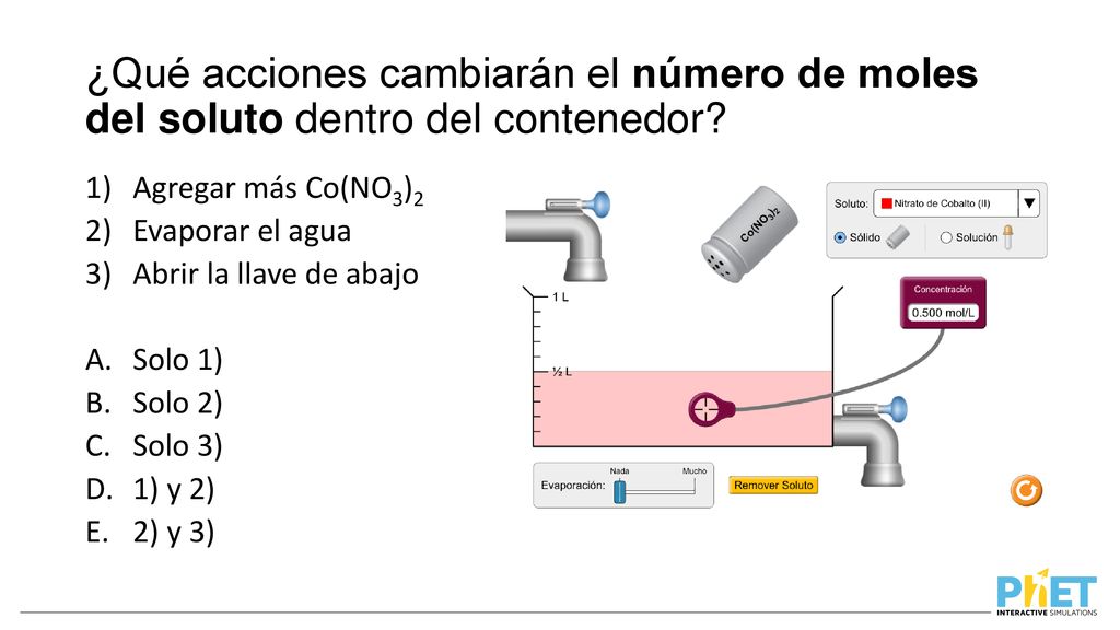 ¿Qué acciones cambiarán el número de moles del soluto dentro del contenedor