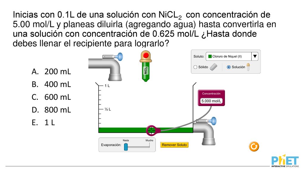 Inicias con 0. 1L de una solución con NiCL2 con concentración de 5