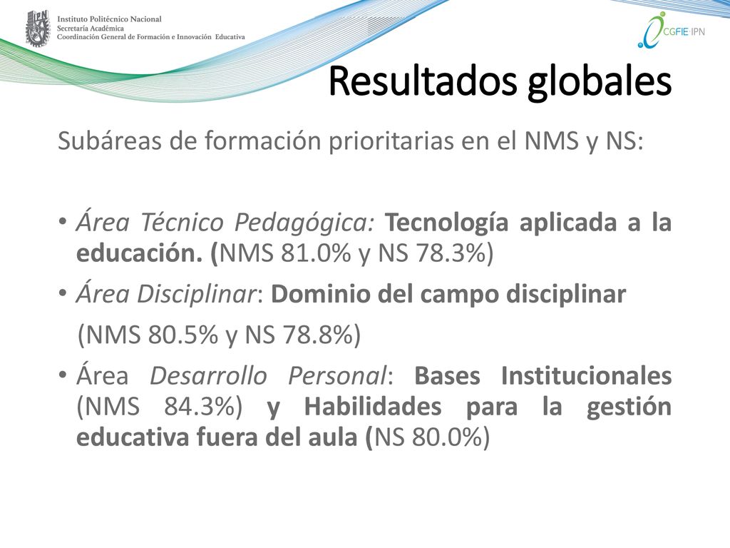 Resultados globales Subáreas de formación prioritarias en el NMS y NS: