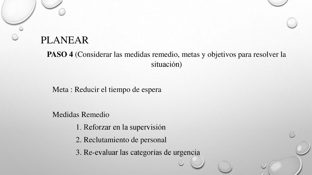 PLANEAR PASO 4 (Considerar las medidas remedio, metas y objetivos para resolver la situación) Meta : Reducir el tiempo de espera.
