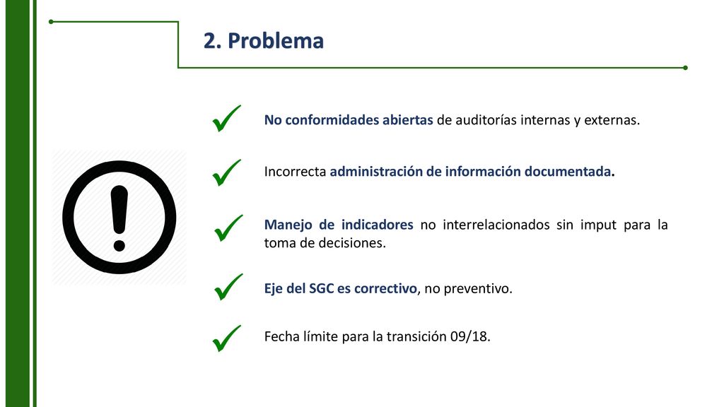 2. Problema No conformidades abiertas de auditorías internas y externas. Incorrecta administración de información documentada.