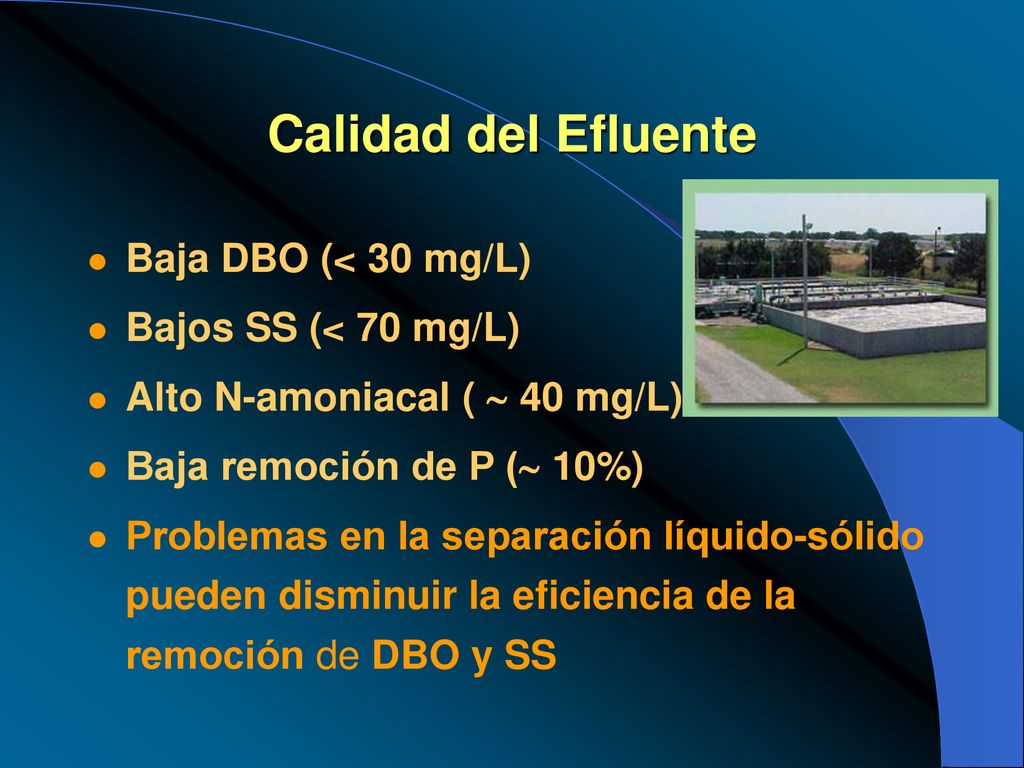 Calidad del Efluente Baja DBO (< 30 mg/L) Bajos SS (< 70 mg/L)