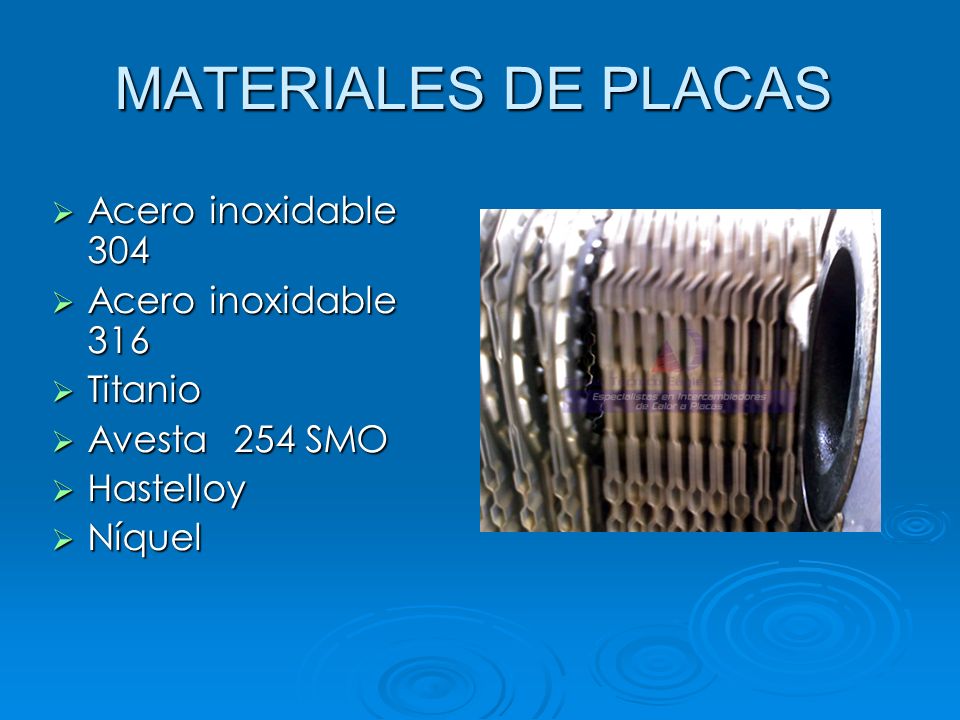 MATERIALES DE PLACAS Acero inoxidable 304 Acero inoxidable 316 Titanio