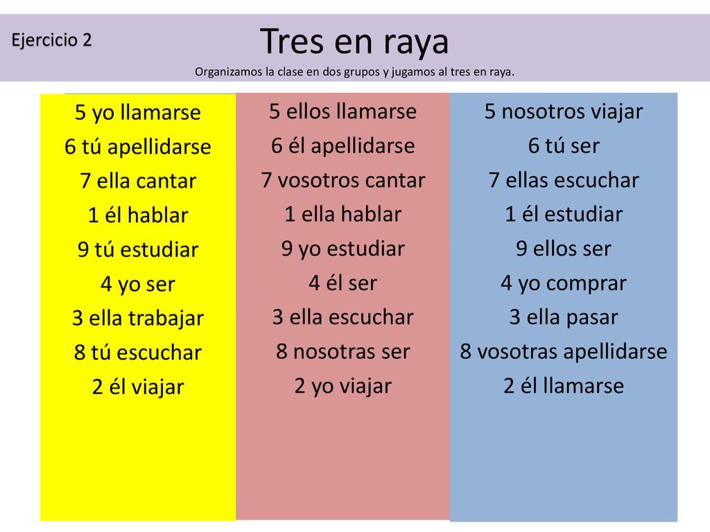 Ejercicio 2 Tres en raya Organizamos la clase en dos grupos y jugamos al tres en raya. 5 yo llamarse.
