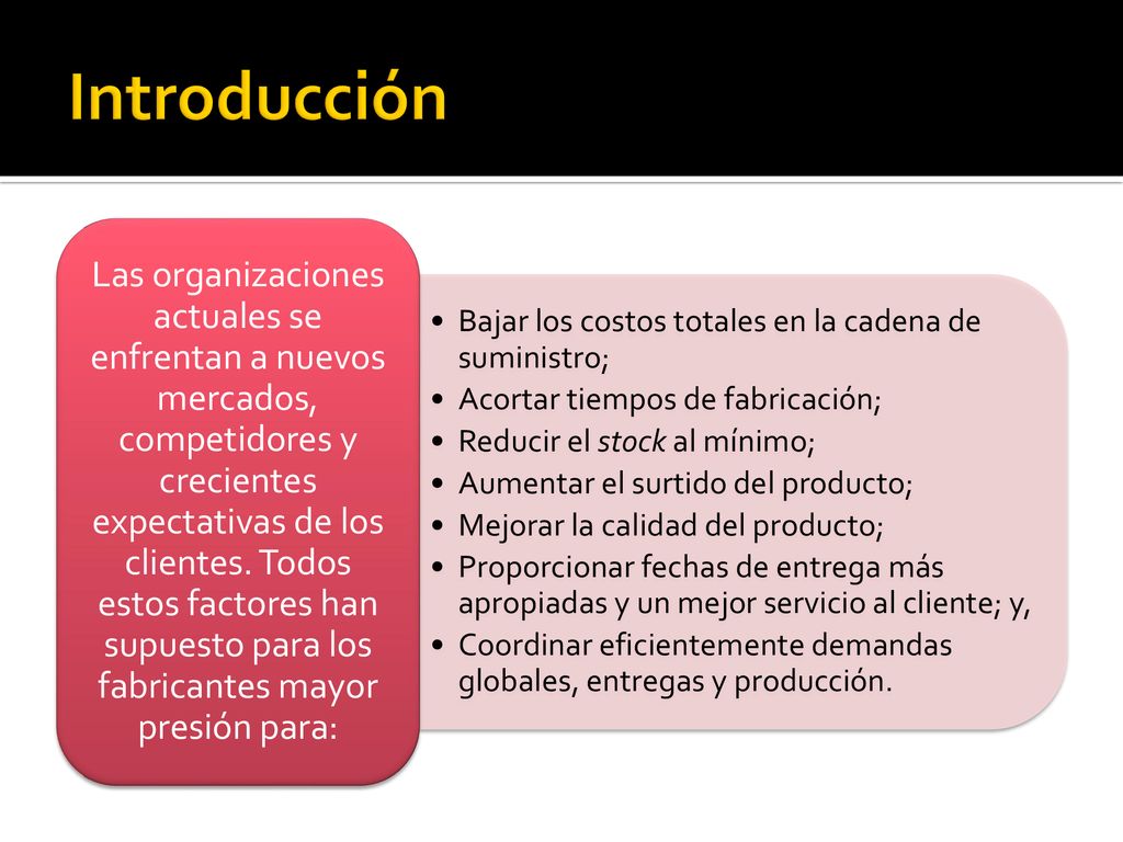 Introducción Bajar los costos totales en la cadena de suministro; Acortar tiempos de fabricación; Reducir el stock al mínimo;