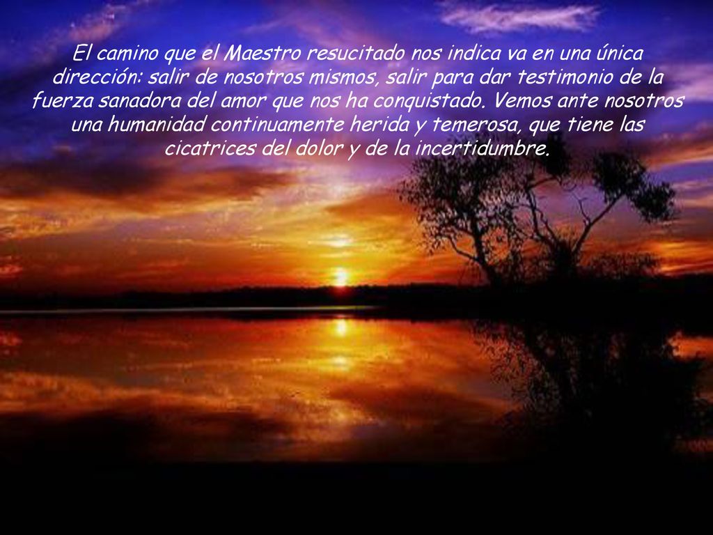 El camino que el Maestro resucitado nos indica va en una única dirección: salir de nosotros mismos, salir para dar testimonio de la fuerza sanadora del amor que nos ha conquistado.