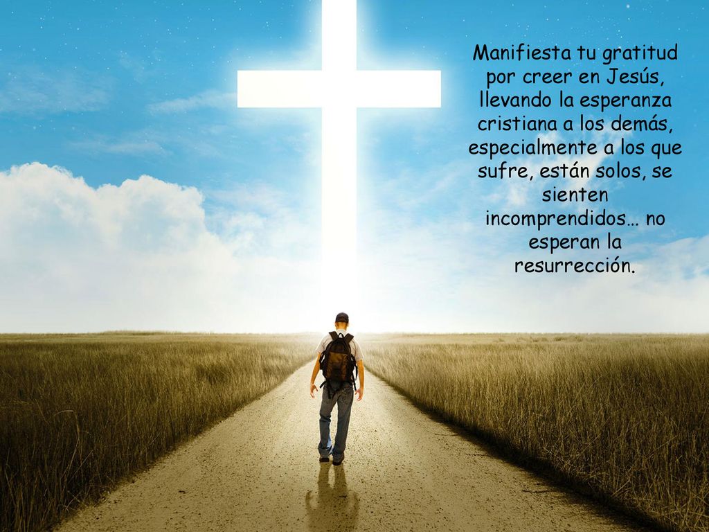 Manifiesta tu gratitud por creer en Jesús, llevando la esperanza cristiana a los demás, especialmente a los que sufre, están solos, se sienten incomprendidos… no esperan la resurrección.