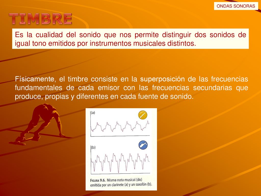 ONDAS SONORAS TIMBRE. Es la cualidad del sonido que nos permite distinguir dos sonidos de igual tono emitidos por instrumentos musicales distintos.