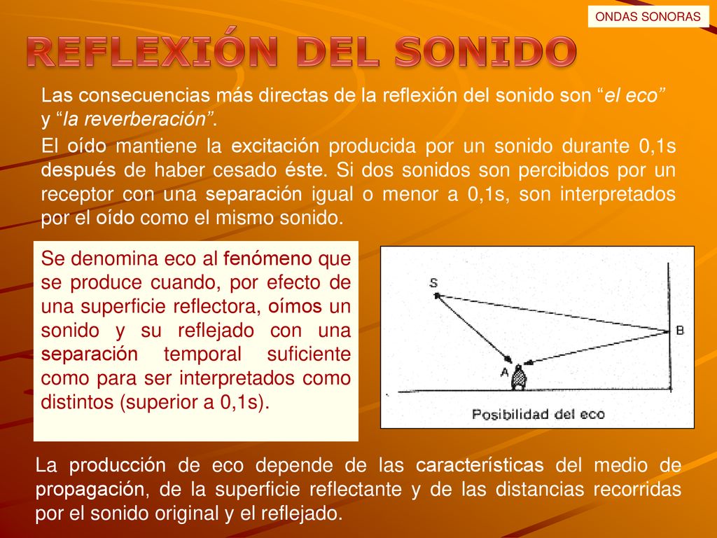 ONDAS SONORAS REFLEXIÓN DEL SONIDO. Las consecuencias más directas de la reflexión del sonido son el eco y la reverberación .