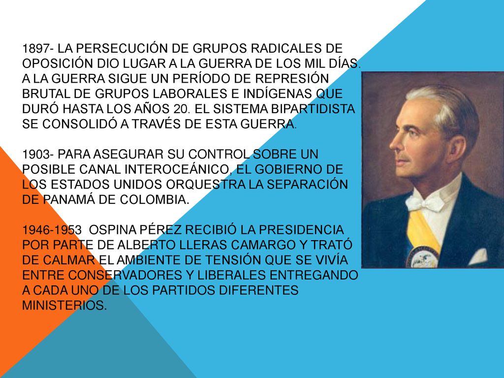 1897- La persecución de grupos radicales de oposición dio lugar a la Guerra de los Mil Días.