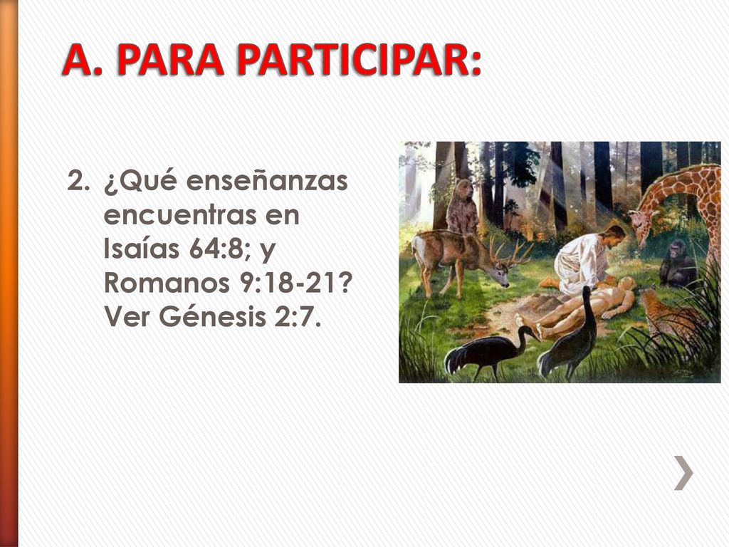 A. PARA PARTICIPAR: ¿Qué enseñanzas encuentras en Isaías 64:8; y Romanos 9:18-21 Ver Génesis 2:7.