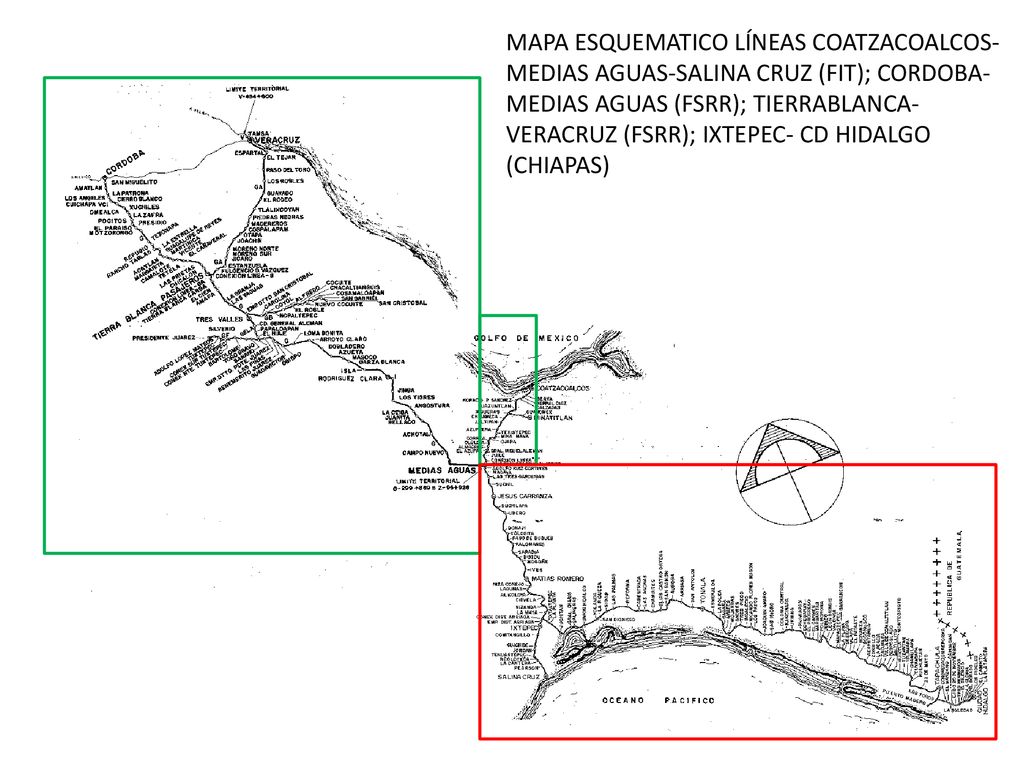 MAPA ESQUEMATICO LÍNEAS COATZACOALCOS-MEDIAS AGUAS-SALINA CRUZ (FIT); CORDOBA-MEDIAS AGUAS (FSRR); TIERRABLANCA-VERACRUZ (FSRR); IXTEPEC- CD HIDALGO (CHIAPAS)