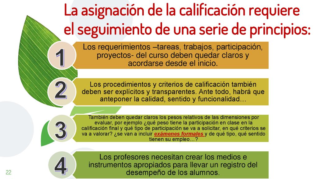 La asignación de la calificación requiere el seguimiento de una serie de principios: