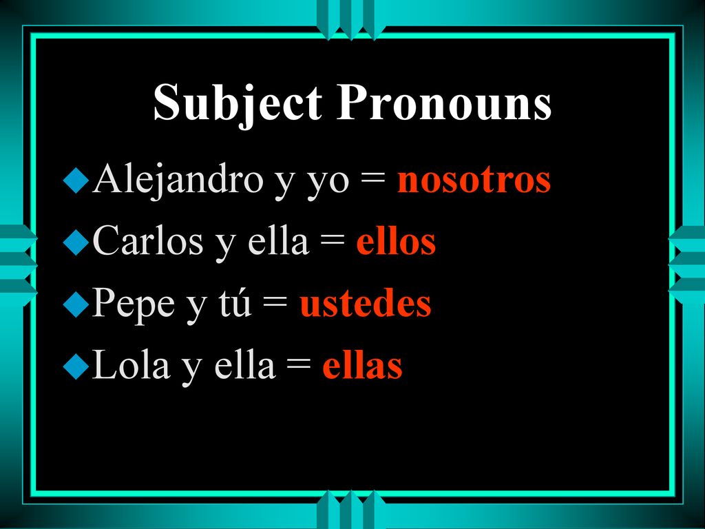 Subject Pronouns Alejandro y yo = nosotros Carlos y ella = ellos