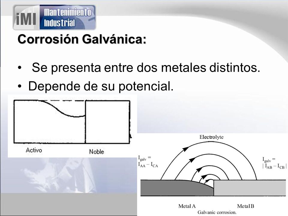 Corrosión Galvánica: Se presenta entre dos metales distintos. Depende de su potencial.