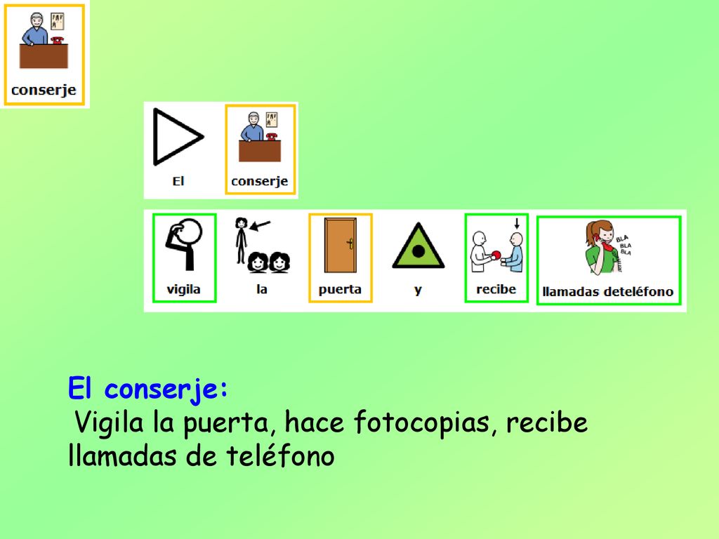 El conserje: Vigila la puerta, hace fotocopias, recibe llamadas de teléfono
