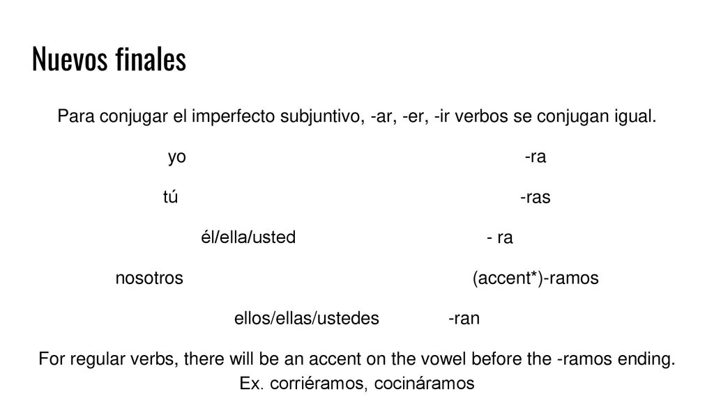 Nuevos finales Para conjugar el imperfecto subjuntivo, -ar, -er, -ir verbos se conjugan igual. yo -ra.