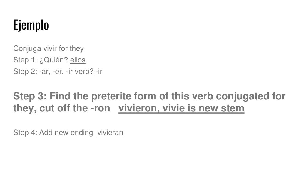 Ejemplo Conjuga vivir for they. Step 1: ¿Quién ellos. Step 2: -ar, -er, -ir verb -ir.