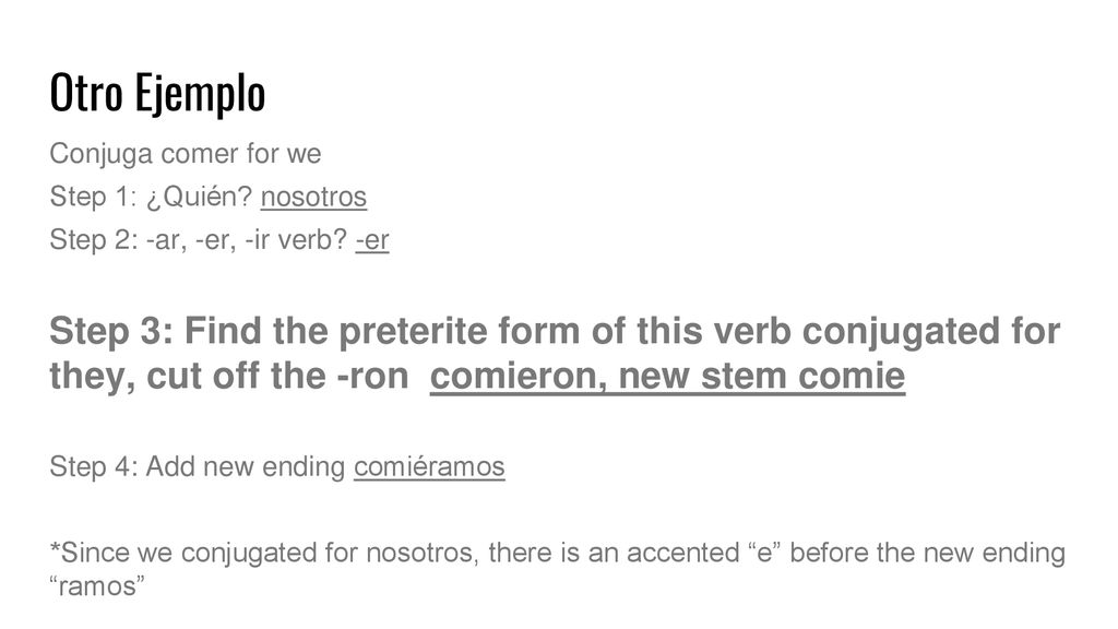 Otro Ejemplo Conjuga comer for we. Step 1: ¿Quién nosotros. Step 2: -ar, -er, -ir verb -er.