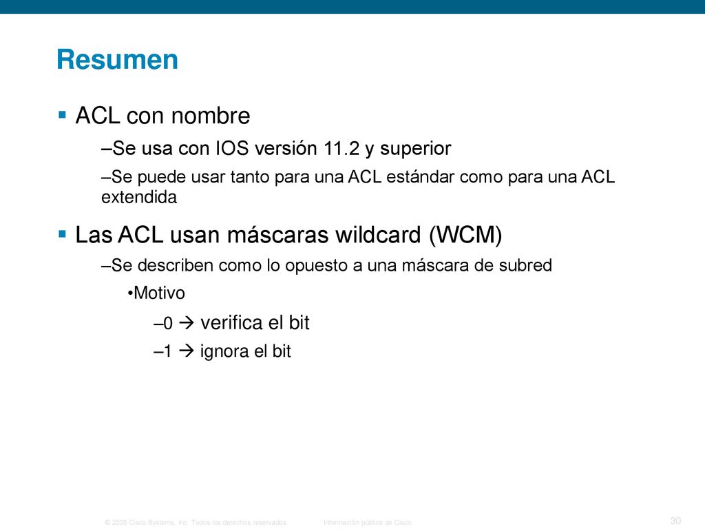 Resumen ACL con nombre Las ACL usan máscaras wildcard (WCM)