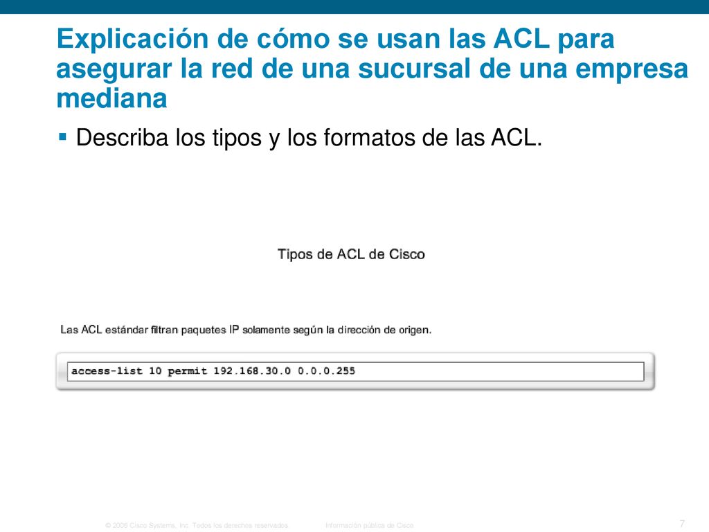 Explicación de cómo se usan las ACL para asegurar la red de una sucursal de una empresa mediana