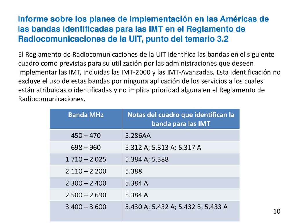 Notas del cuadro que identifican la banda para las IMT