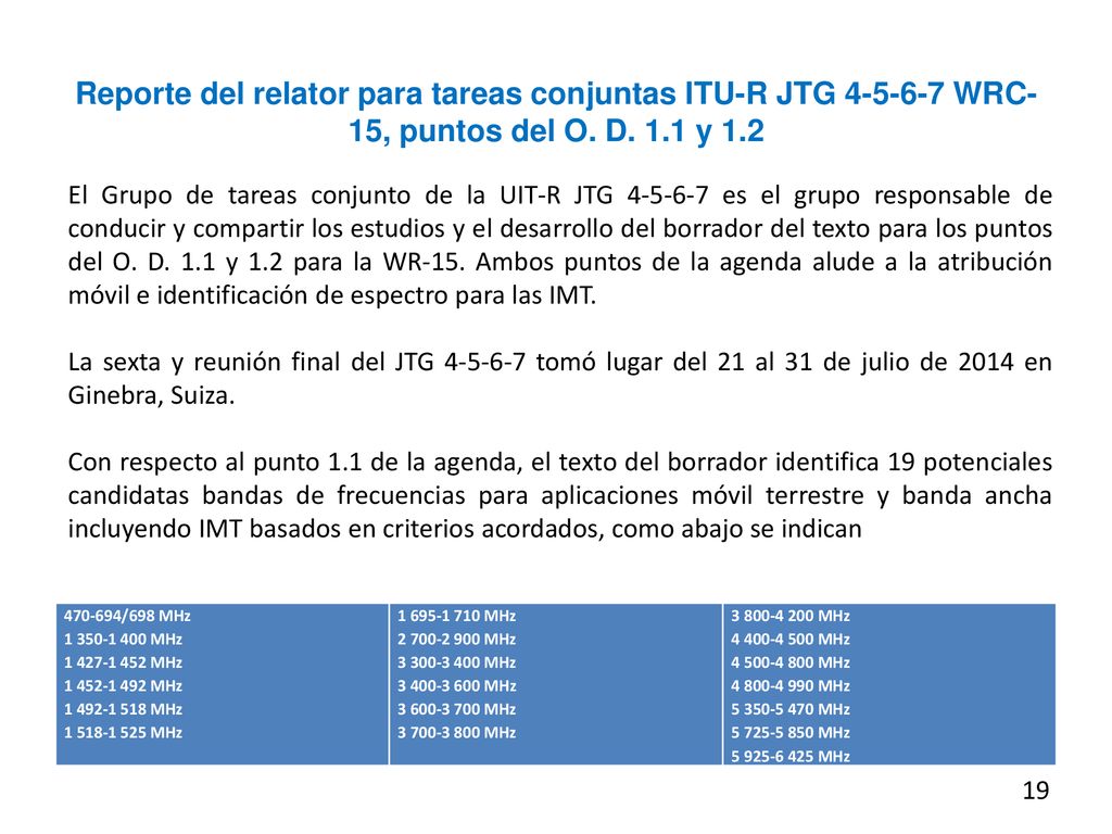 Reporte del relator para tareas conjuntas ITU-R JTG WRC-15, puntos del O. D. 1.1 y 1.2