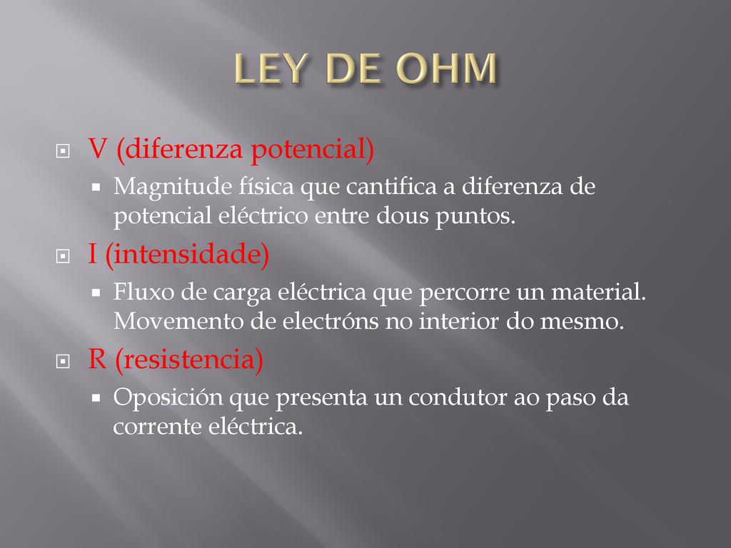 LEY DE OHM V (diferenza potencial) I (intensidade) R (resistencia)