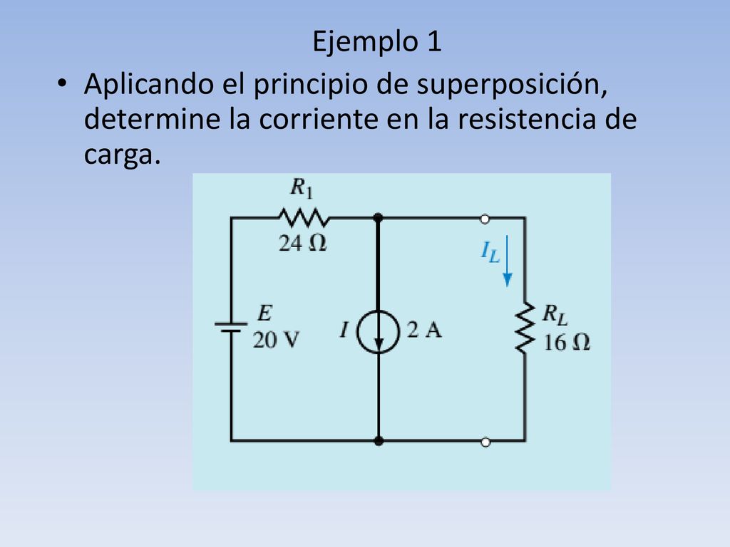 Ejemplo 1 Aplicando el principio de superposición, determine la corriente en la resistencia de carga.