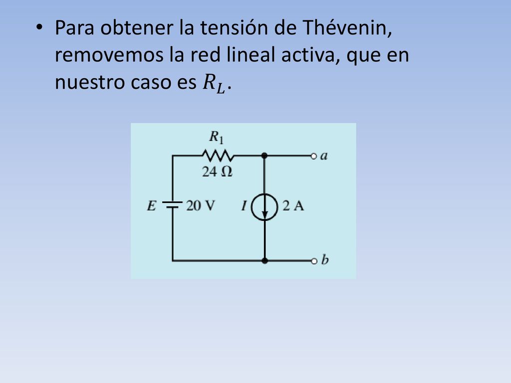 Para obtener la tensión de Thévenin, removemos la red lineal activa, que en nuestro caso es 𝑅 𝐿 .