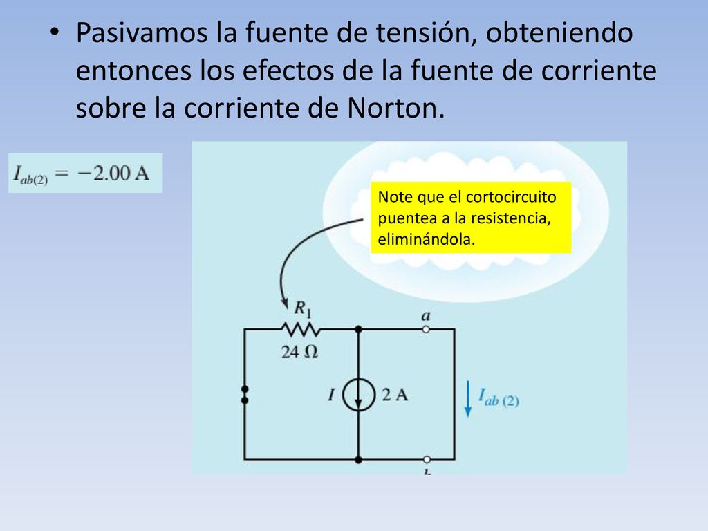 Pasivamos la fuente de tensión, obteniendo entonces los efectos de la fuente de corriente sobre la corriente de Norton.