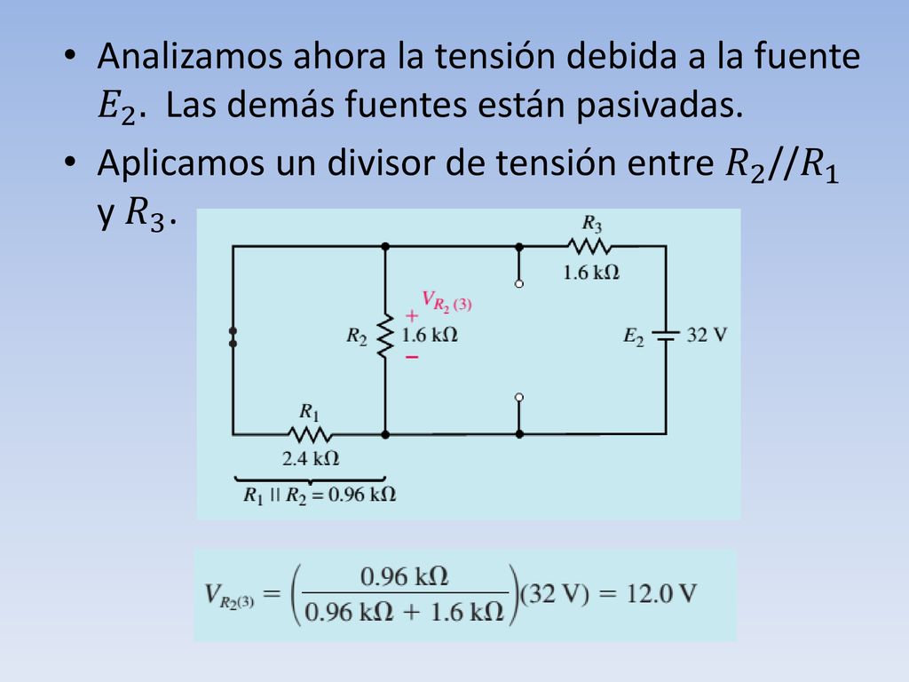 Analizamos ahora la tensión debida a la fuente 𝐸 2