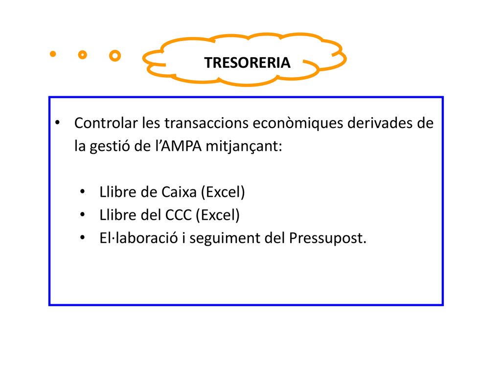 TRESORERIA Controlar les transaccions econòmiques derivades de la gestió de l’AMPA mitjançant: Llibre de Caixa (Excel)