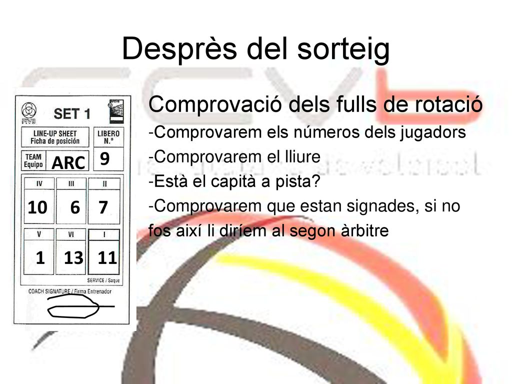 Desprès del sorteig Comprovació dels fulls de rotació 9 ARC